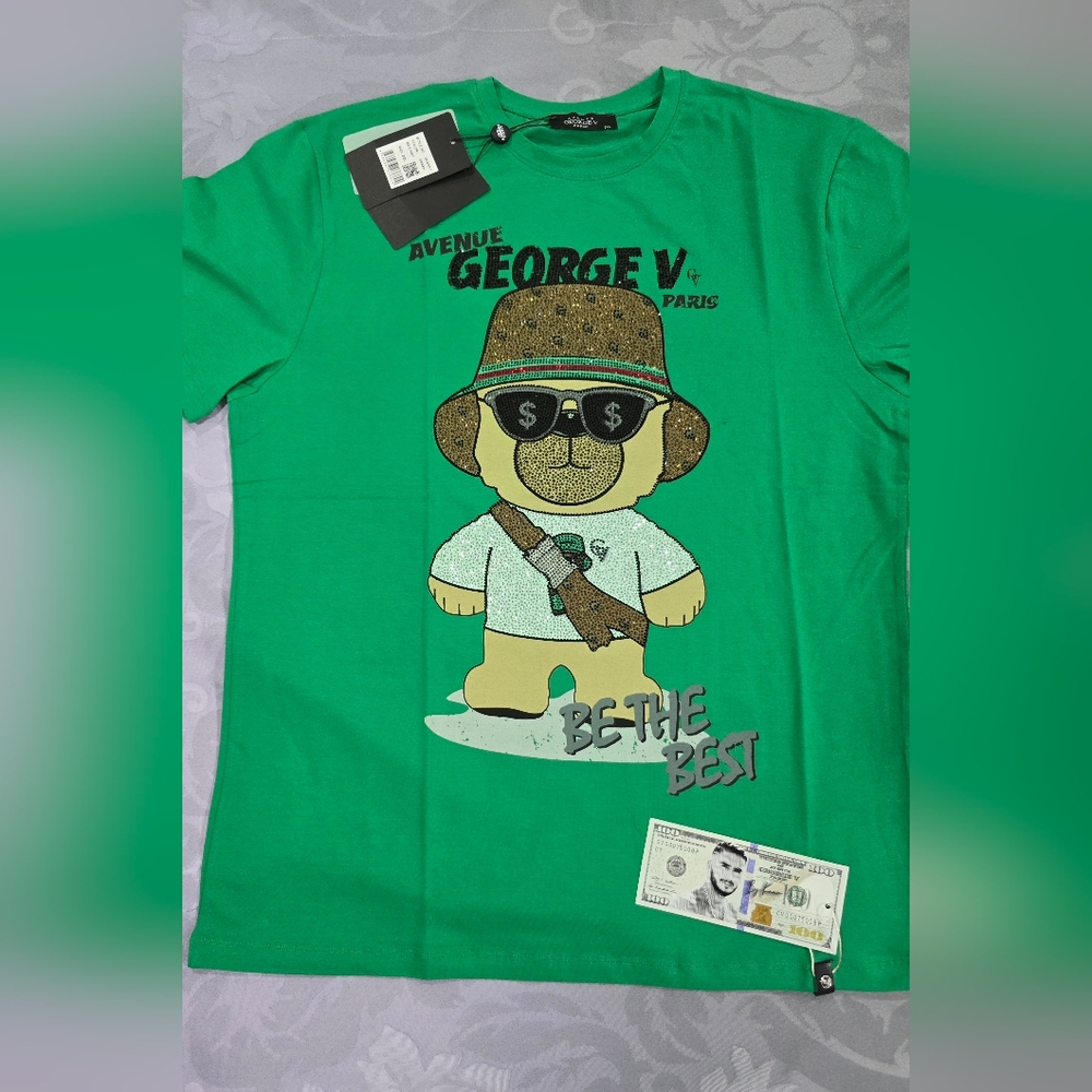 Vibrant Green Ave George V Paris  Short Sleeve Tee With Rhinestone